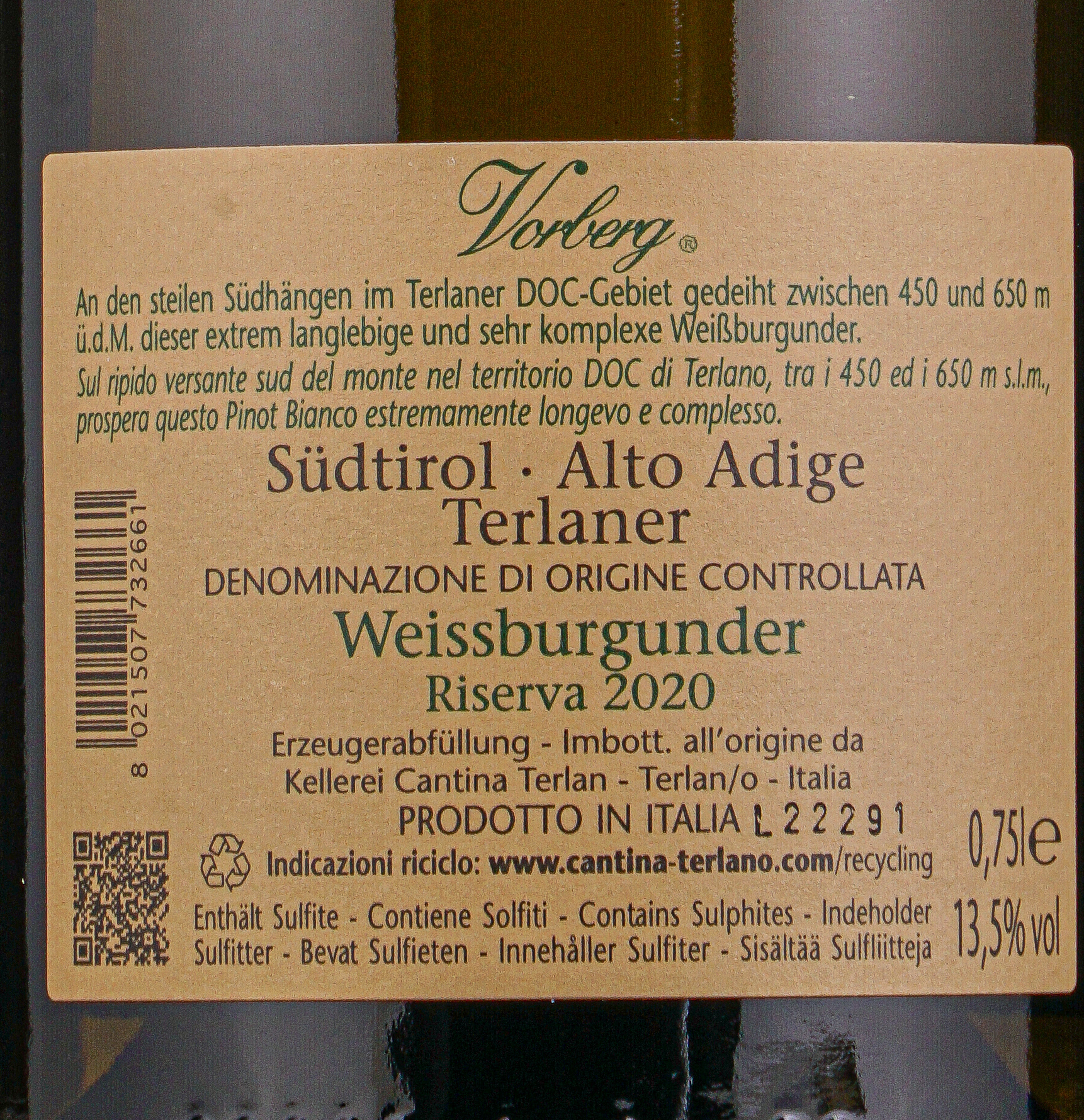 PINOT BIANCO VORBERG 2020 A.A.DOC lt 0,750
