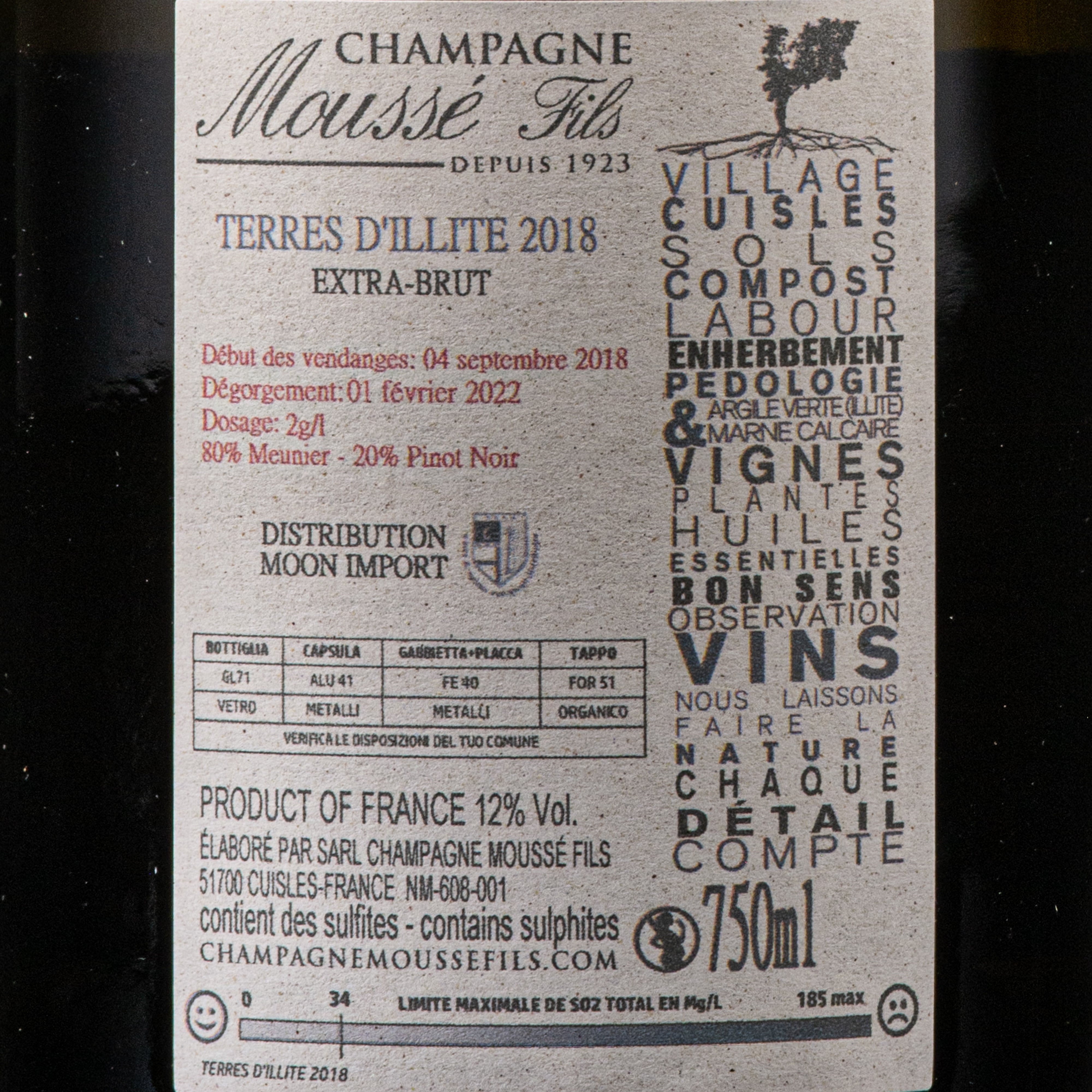 Champagne Les Terres d'Illite 2018 Blanc de Noir Extra Brut Mousse Fils lt.0,750