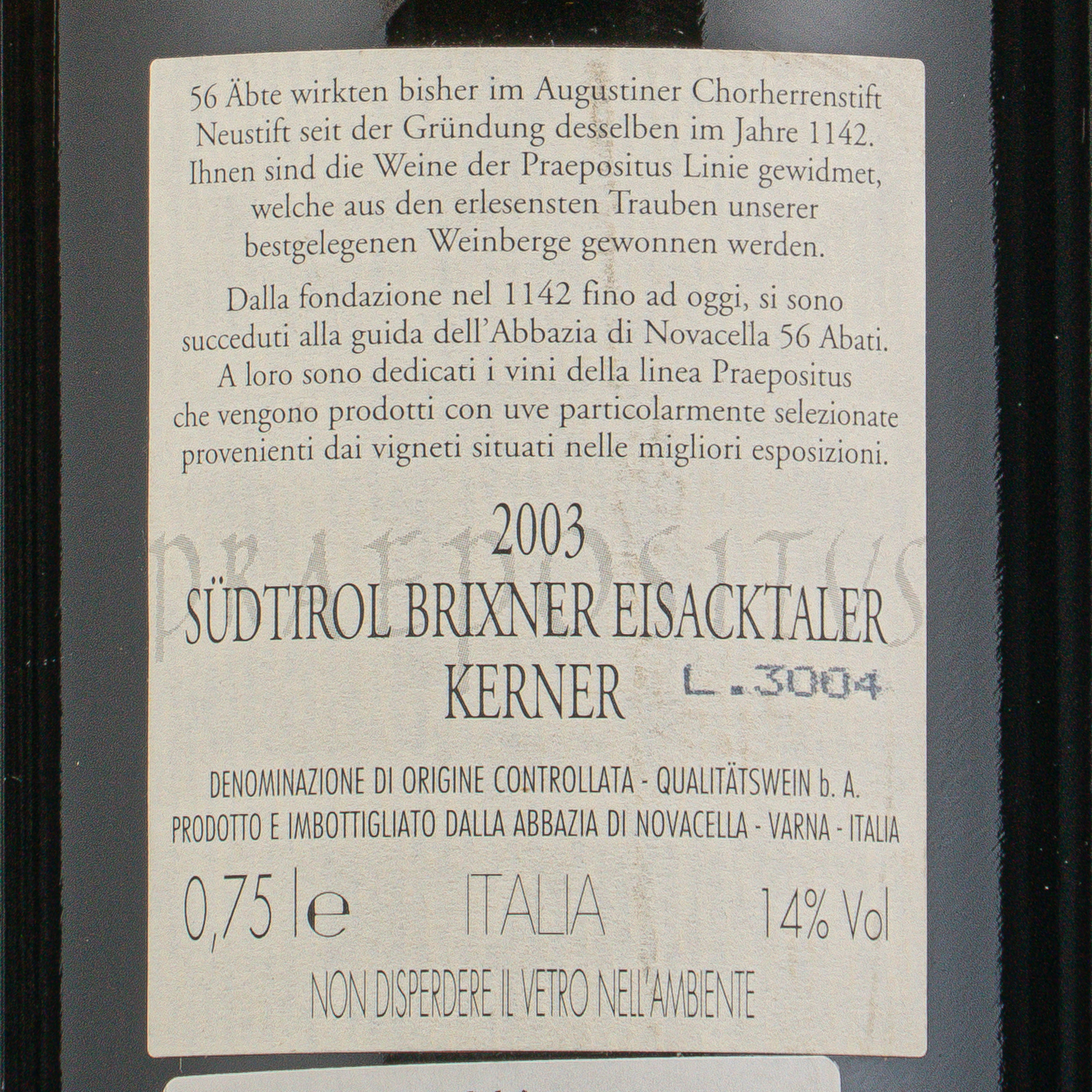 Kerner 2003 Praepositus doc Abbazia di Novacella lt.0.750